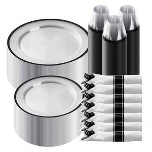 lot 4166 image: Goodluck 350 Piece Black Plastic Dinnerware Set for Party, Clear Disposable Plates for 50 Guests, Includes 100 Plates, 50 Pre Rolled Napkins with Cutlery Set, 50 Cups, for Graduation Party, Wedding