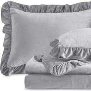 lot 4169 image: kisswish Velvet Plush Flannel Sheet Set - Queen Size 4-Piece - Ruffled Edge Design, 16 Inch Deep Pocket, Anti-Pilling & Fade Resistant - 220 GSM Breathable Luxury All-Season Bedding, Grey