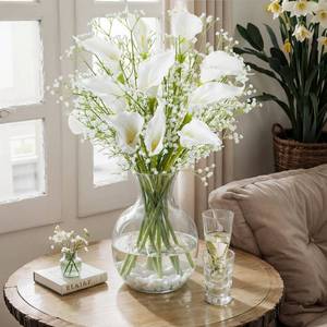 lot 4170 image: Hoteam 20 Pcs White Calla Lily and Babys Breath Artificial Flower Bouquet, Lifelike PU Faux Floral Arrangement for Wedding Centerpieces, Dining Table & Modern Home Office Decor