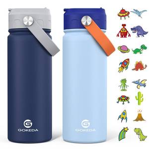 lot 4171 image: GoKEDA 18oz Kids Water Bottle, 2 Pack Insulated Bottles with Stickers, 188 Stainless Steel Vacuum Leak Proof Straw Cup for School, Gifts for Boys(Light Blue, Dark Blue)