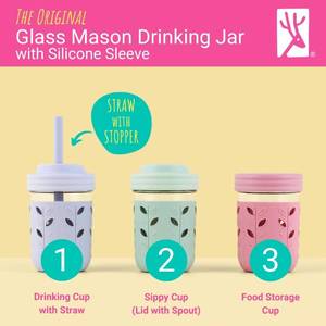 lot 4175 image: Elk and Friends Kids  Toddler Glass Cups  The Original 8oz Glass Mason Jar with Sleeves  Lids  Silicone Straws  Stopper  Smoothie Cup  Food Storage  Spill Resistant  Dishwasher Safe  4 Pack