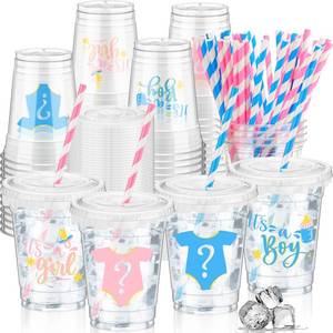 lot 4178 image: FoldTier 50 Pcs Gender Reveal Cups Gender Reveal Party Supplies 12 oz Party Plastic Cups Boy or Girl Transparent Cup with Lids Straws Blue and Pink Baby Shower Decorations Its a Boy or Its a Girl