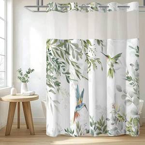 lot 4187 image: CTOTSYC No Hook Shower Curtain with Snap in Liner Set, Green Hummingbird Eucalyptus Design, Waterproof Fabric Floral Shower Curtains for Bathroom Decor with See Through Mesh Top Window 71x74 Inch