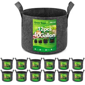 lot 4197 image: Delxo 12-Pack 10 Gallon Plant Grow Bags Heavy Duty Aeration Fabric Pots Thickened Nonwoven Fabric Pots for Planter, Vegetable, Floral with Handles Grey