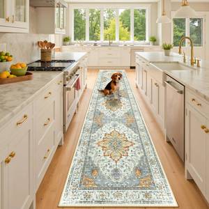 lot 4200 image: RELEANY Area Rugs 2x10 Runner Rug Non Slip Washable for Kitchen Hallway Bedroom Beside Laundry Room Bathroom Rug, Floor Carpet, Light Yellow Carbon Grey Orange