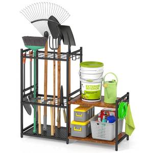 lot 4204 image: DAOUTIME Garage Tool Organizer with 2-tier Wooden Shelves, Yard Tool Organizer for Garage with 6 Hooks, Heavy duty Steel Garden Tool Rack Holds up to 35 Long Handled Yard tools for Storage, Black