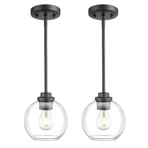 lot 4205 image: JAZAVA Matte Black Pendant Light, Mid Century Globe Haning Light Fixture Ceiling with Clear Glass for Kitchen Island Dining Room Bedroom Hallway Foyer (2 Pack), PL101BK-2PK