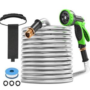 lot 4226 image: GARDENWORK Garden Hose,75ft Stainless Steel Garden Hose,Metal Hose with 10 Function Sprayer Nozzle,Flexible,Never Kink & Tangle for Outdoor,Yard,Lawn,Patio,Car