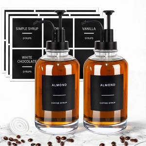 lot 4235 image: Coffee Syrup Dispenser for Coffee Bar, Set of 2 Simple Glass Syrup Bottle w. Pump and Labels, 16.9 oz 500ml Syrup Pump Dispenser, Syrup Dispenser Black
