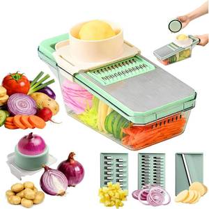 lot 4237 image: Mandolin Slicer For Kitchen Food Hand Safe Veggie Chopper with Container and Lid, Dicer, Slicer,3 Mandoline Blades Vegetable Cutter For Onion Potato Carrot Essential Kitchen Gadgets-(6 in 1, Green)