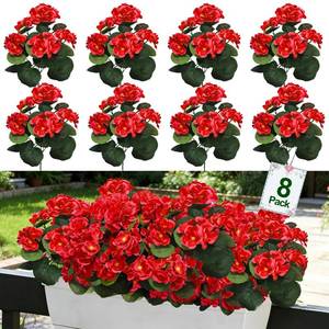 lot 4247 image: 8 Bundles Artificial Geraniums Flowers for Outdoors Summer Derby Day Decoration, Fake Cemetery Flowers Silk Red Flower UV Resistant No Fade Look Real Faux Plants for Porch Gardens Home Planter Patio