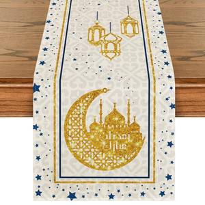 lot 4288 image: Artoid Mode White Moon Star Golden Ramadan Table Runner, Seasonal Summer Holiday Kitchen Dining Table Decoration for Home Party Decor 13x90 Inch