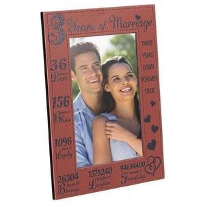 lot 4297 image: CALFOVERA 3rd Anniversary Picture Frame PU Leather Brown Engraved 4x6 Vertical Marriage 3 Years Down Forever to go Tabletop Hanging Photos Frames for Him Her Couple Men Women Gifts