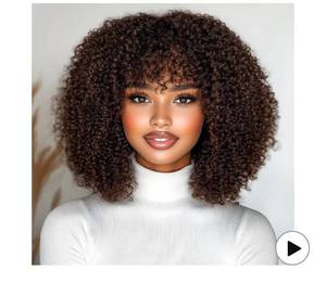 lot 4303 image: D�BUT Glueless Bob Wigs Brown Human Hair Short Curly Wigs with Bangs Wear and Go Kinky Curly Brazilian Hair 200% Density for Black Women Brown 12 Inches