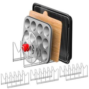 lot 4334 image: Durmmur 3 Pack Pot Lid Organizer for Cabinet, Stainless Steel Pot Lid Holder with Anti-slip Silicone Mat, Lid Rack for Pans Pots, Bakeware, Plates, Cookie Sheets, Trays, Cutting Boards, Silver