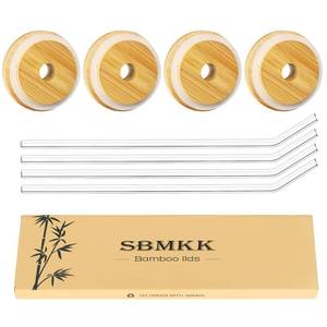lot 4350 image: SBMKK Bamboo Lids for Glass Cups and 16 OZ Beer Can Glass, Bamboo Mason Jar Lids Regular Mouth with Straw Hole, 70mm2.75 Inch Replacment Wooden Cover (regular 4pcs with straw)
