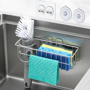 lot 4352 image: 3-In-1 Sponge Holder for Kitchen Sink with Suction Cups & Adhesive Hook , In-sink Sponge Holder, Wall Hanging Sink Caddy Organizer Rack - Sponge, Dish Cloth, Brush, Scrubber - 304 Stainless Steel