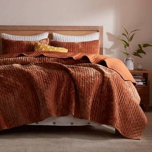 lot 4398 image: LEAONME Velvet Quilt King Size 98x106, Lightweight Burnt Orange Velvet Comforter Set with 2 Matching Shams, Soft Cross Stitch Bedspread Coverlet Bedding Set for All Season