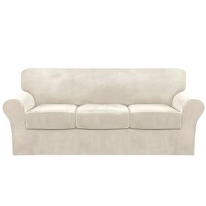 lot 4403 image: FantasDecor 4 Piece Sofa Velvet Couch Covers for 3 Cushion Stretch Slipcover with Individual Seat Cushion Elastic Furniture Protector for Pets, Machine Washable (Sofa, Ivory)