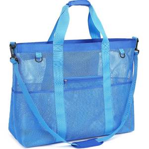 lot 4432 image: Fammart Mesh Beach Bag with Zipper, Large Beach Tote for Women, Toys Pool Swim Bag Travel Vacation Cruise Essentials, XL, Zipper Closure - Blue