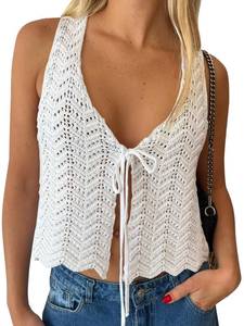lot 4433 image: LILLUSORY Crochet Tops for Women Summer Vacation Outfits Beach Coverup Going Out Tie Front Spring Sweater Vest 2026 Fashion Beige L