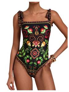 lot 4452 image: WDIRARA Womens Boho Floral Print One Piece Swimsuit Tie Shoulder Tummy Control Swimwear Multicolor Small