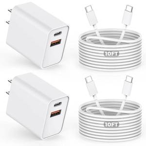 lot 4459 image: 10FT iPhone 1716e Fast Charger,2Pack 20W Dual Port USB CA Power Adapter 10Foot Long USB C to C Fast Charging Cable Cord Quick Charging for iPhone 17 Air17 Pro17 Pro Max1616 Pro1515 ProPro Max