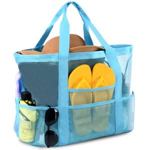 lot 4460 image: CaCTOUR Mesh Beach Bag,Large Beach Bags for Women with 8 Pockets,Packable Tote Bag for Beach Cruise Pool Vacation Essentials (Sky Blue)