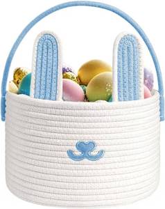 lot 4470 image: Poschnor Cute Easter Basket, Large Easter Bunny Basket, Woven Cotton Rope Baby Egg Easter Baskets for Girls, Boys, Toddler, Babies, Infant, with Gift Bags and Ribbons, Blue
