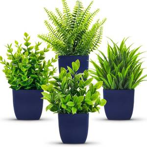 lot 4493 image: Der Rose 4 Pack Fake Plants Small Artificial Plants in Blue Pots Faux Plants Indoor for Home Room Bathroom Living Room Decor