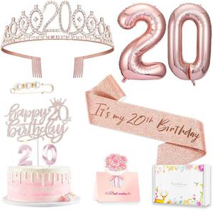 lot 4494 image: 20th Birthday Decorations for Women, Birthday Sash and Crown, Cake Topper and Candles,Number Balloons, 20th Birthday Gifts for Women, 10pcs
