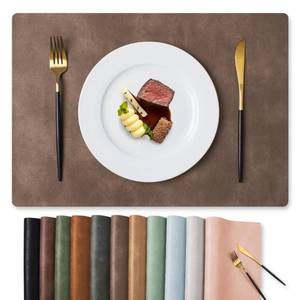 lot 4508 image: MOSAYT Vinyl Placemats Set of 6-12 X 17 Inch - Faux Leather 100% Waterproof Oil-Proof Wipeable PU Place Mats, Heat Resistant Reversible Table Mats for Kitchen, Dining, Outdoor (Brown)