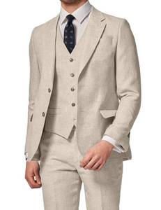 lot 4520 image: Wrycay 3 Piece Summer Linen Suits for Men, Mens Slim Fit Suit Set Two Buttons Casual Solid Jackets Vest Pants Set for Wedding Party, Beige, S