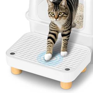 lot 4521 image: Aothey Litter Box Step, Litter Box RampCatcher with Wooden Base, Anti-Tracking & Easy to Clean, Ideal for Small & Elderly Cats (White)