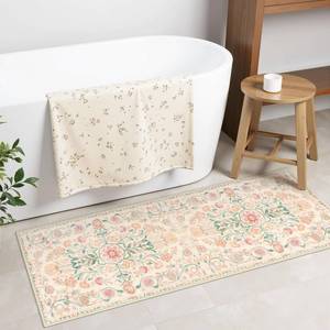 lot 4527 image: Uphome Bathroom Runner Beige Floral Long Bath Mat Plush Soft Non Slip Bath Rugs Machine Washable Boho Farmhouse Aesthetic Bath Mats for Bathroom Sink Vanity Entryway, 18x47 inch