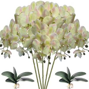 lot 4529 image: HinyoCo 5 Pcs Artificial Orchid Flowers and 2 Bundles Leaves,Artificial Phalaenopsis Flowers 32 Inch Stem Plants for Home Wedding Decoration (Light Green Pink)