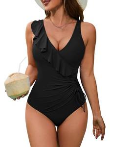 lot 4534 image: BMJL Womens One Piece Swimsuits Tummy Control Modest Bathing Suit Ruffle V Neck Swim Suits(Black,XL