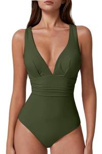lot 4540 image: QINSEN High Waist Bathing Suit for Curvy Women Sexy V Neck One Piece Swimsuits Tummy Control Monokini Forest Green XL