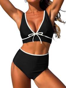 lot 4541 image: ZAFUL Womens High Waisted Bikini Sets Sexy V Neck Two Piece Swimsuit Cute Bow Ruched Bathing Suit, Black, M