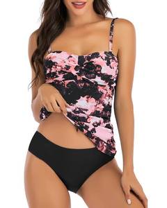 lot 4543 image: Shuangyu Two Piece Bandeau Tankini Swimsuits for Women Tummy Control Bathing Suits Twist Front Tankini Top with Swim Shorts Powder Black Flowers L