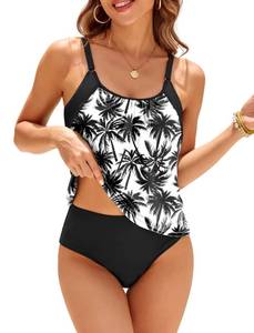 lot 4546 image: ZAFUL Two Piece Tankini Swimsuit for Women High Waisted Tummy Control Bathing Suit Double Up Tankini Set Palm Tree S