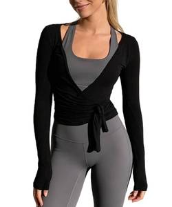 lot 4547 image: Womens Ballet Wrap Top Long Sleeve Tie Front Workout Cover Up Pilates Yoga Tops Y2k Fairy Coquette Shirt Going Out (Black Slim Fit, M)