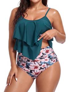 lot 4548 image: Plus Size Bathing Suit for Women High Waisted Plus Size Swimsuit Women Flounce Two Piece Tankini Tops 01 Blue Pink Flower 16-18