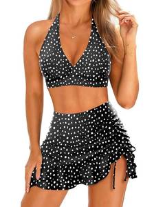 lot 4551 image: Yonique Womens High Waisted Bikini with Skirt Two Piece Swimsuit with Tummy Control Halter Bathing Suit Black and White Dot L