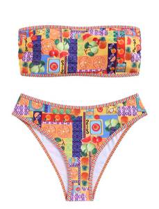 lot 4554 image: ZAFUL Women Strapless Ribbed High Cut Bandeau Bikini Lace Up 2 Pieces Swimwear(9-Multi Fruit,M)