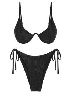 lot 4555 image: ZAFUL Womens High Cut Bikini Sets Ribbed Tie String Bikinis Underwire Spaghetti Strap Two Piece Swimsuits Black S