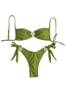 lot 4559 image: MakeMeChic Womens Two Piece Bikini Set Tie Side Ring Backless High Cut Bathing Suit Swimwear Green Large