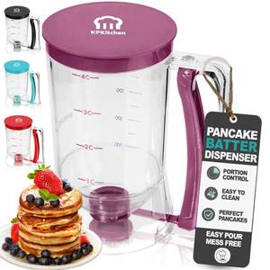 lot 4566 image: KPKitchen Pancake Batter Dispenser - Kitchen Must Have Tool for Perfect Pancakes, Cupcake, Waffle, Muffin Mix, Cake & Crepe - Baking Supplies for Griddle - Pancake Maker with Measuring Label (Purple)