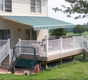 lot 17 image: 12X10 Retractable Patio Awning - GreenWhite Stripes, Manual, UV Protection Retails $1,300