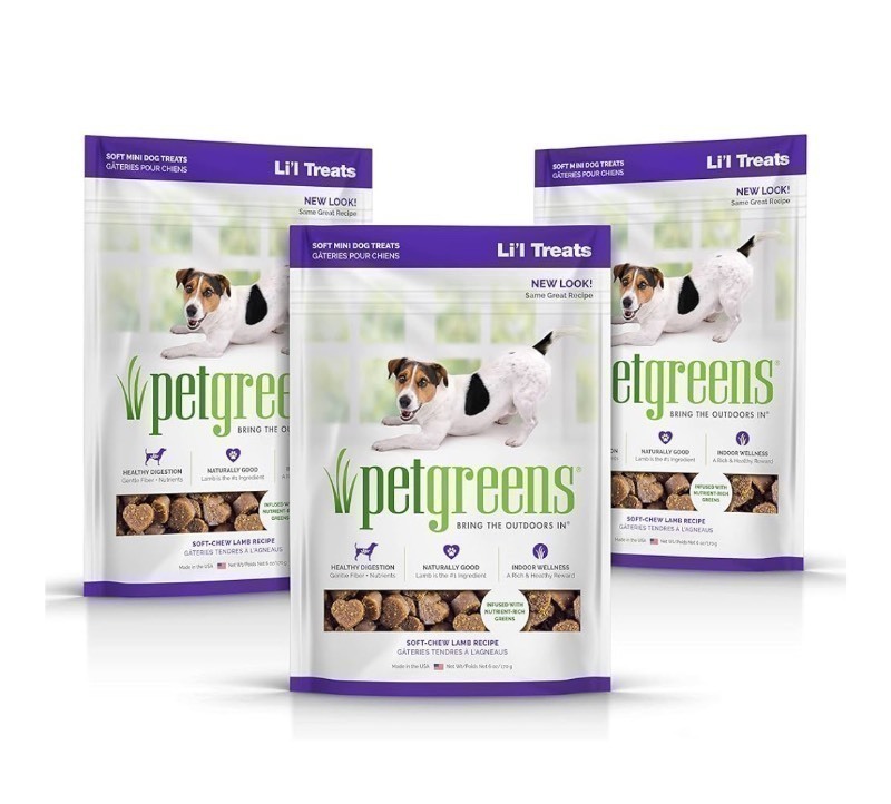 lot 493 image: Box of 12 DOGGIE TREAT BAGS - Pet Greens Soft Chews Lamb Dog Treats